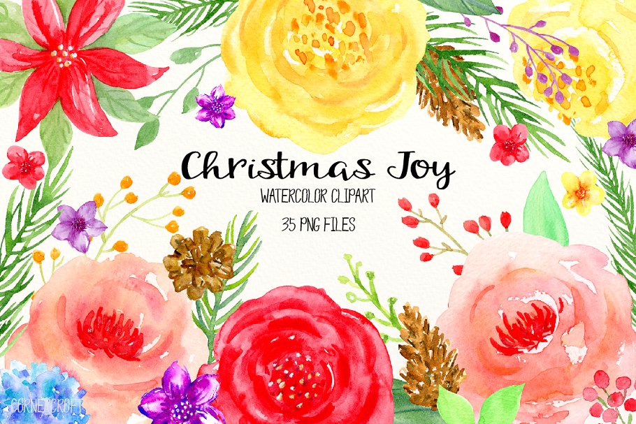 鲜亮喜庆的手绘彩色花卉松果插画 Watercolor Clipart  Christmas Joy