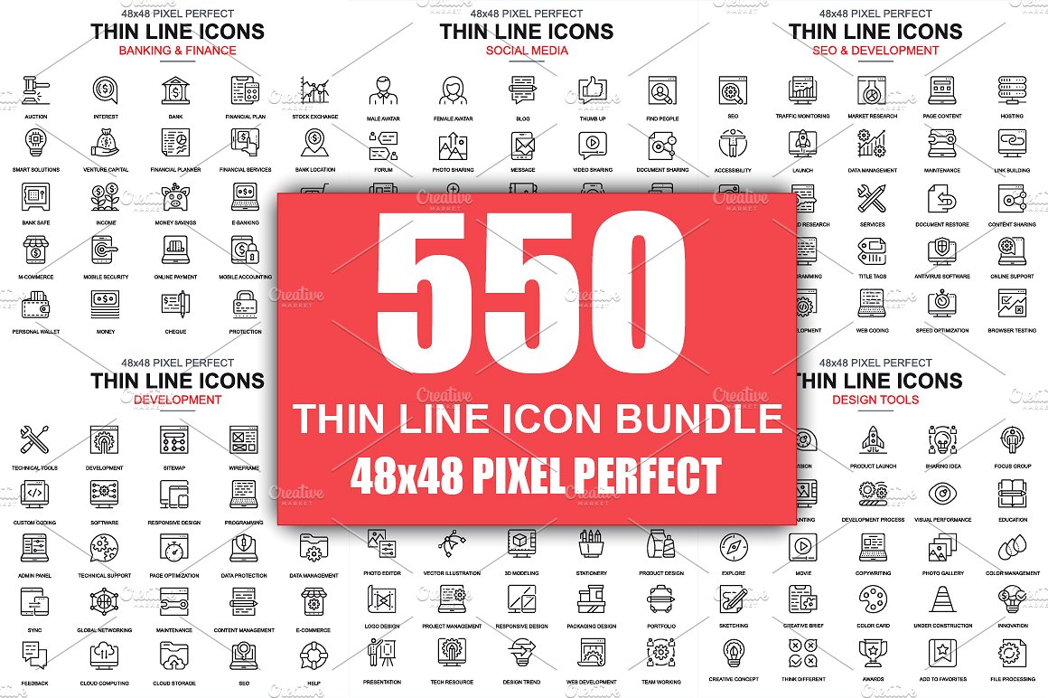 商业主题的扁平化线条图标 Thin Line Business Icons