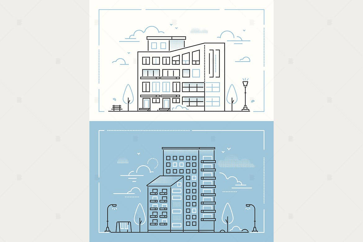 城市建筑线条设计风格插画素材 City buildings – line design style illustrations