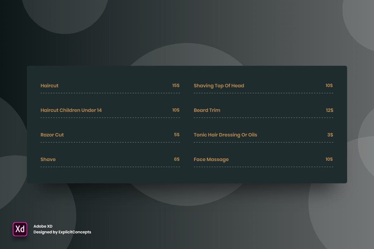 理发沙龙服务套餐网站价格表单UI界面设计 for XD Barber Pricing Table – Adobe XD