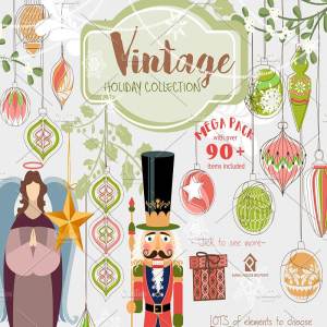 复古节日元素水彩剪贴画 Vintage Holiday Collection