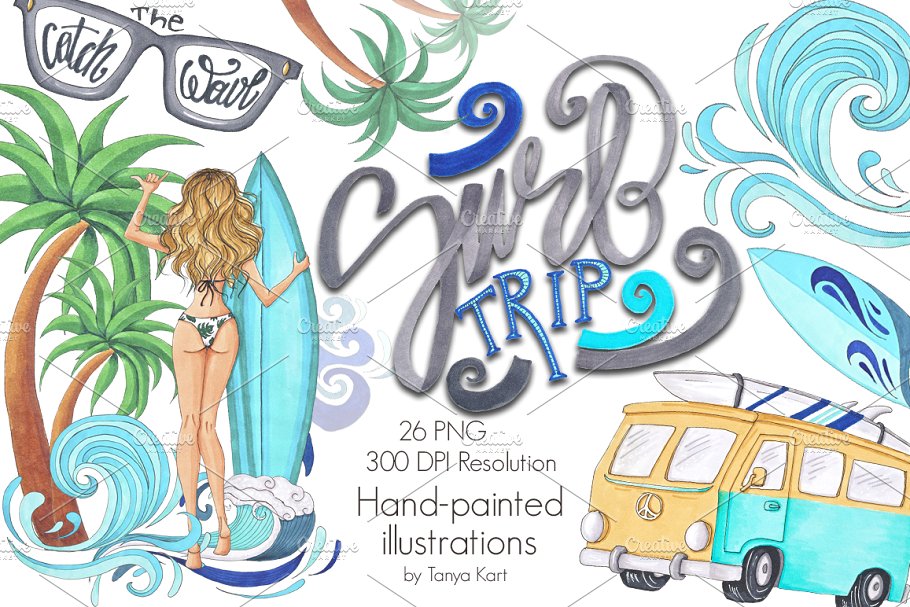 冲浪主题手绘插画合集 Surf Trip Hand-painted Collection