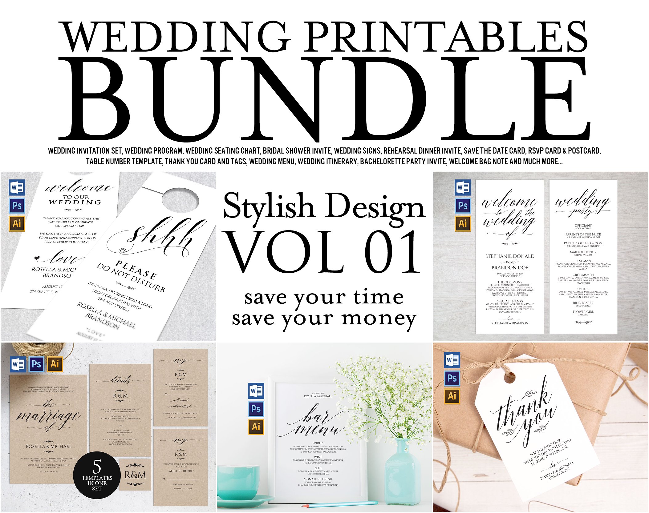 时尚的婚礼邀请函卡片名片设计模板