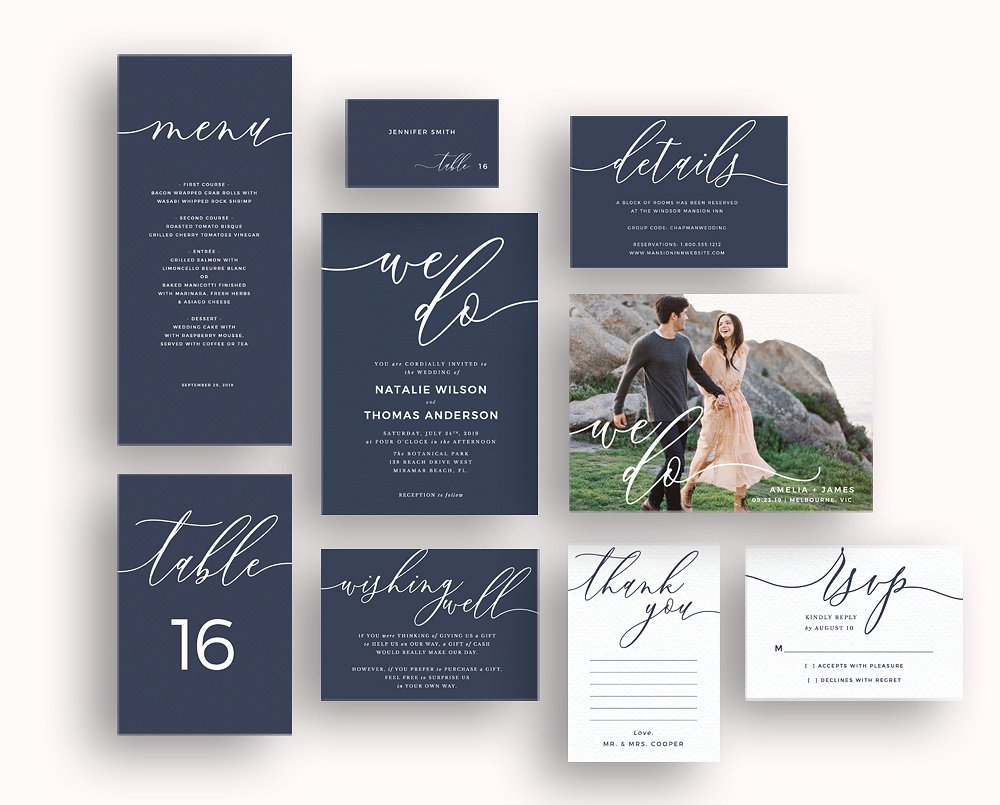 现代海军蓝婚礼邀请函设计套件 Modern We Do Script Navy Blue