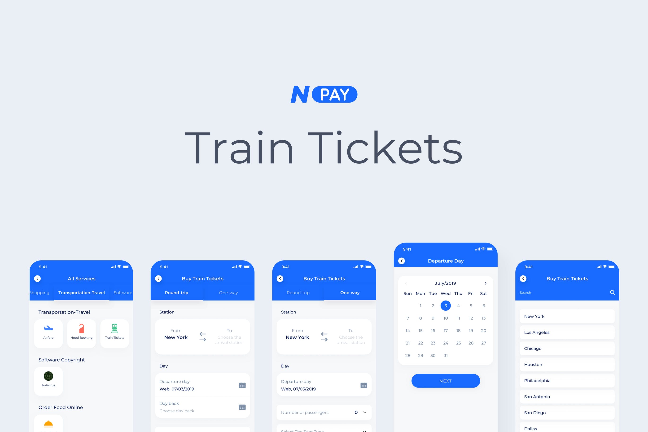 电子钱包APP应用UI设计之火车高铁订票界面设计模板 Train Tickets – Wallet Mobile UI – N