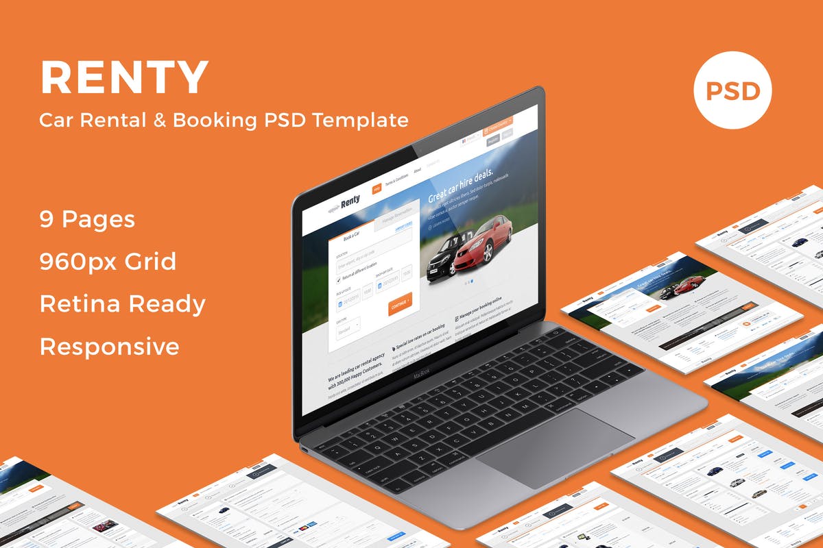 汽车租赁&销售网站设计PSD模板 Renty – Car Rental & Booking PSD Template