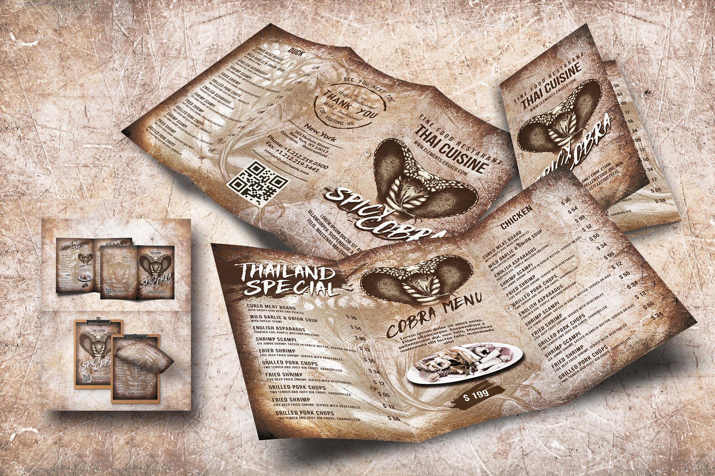 泰国特色菜餐馆菜单设计模板合集 Spicy Cobra Thai Food Menu Bundle