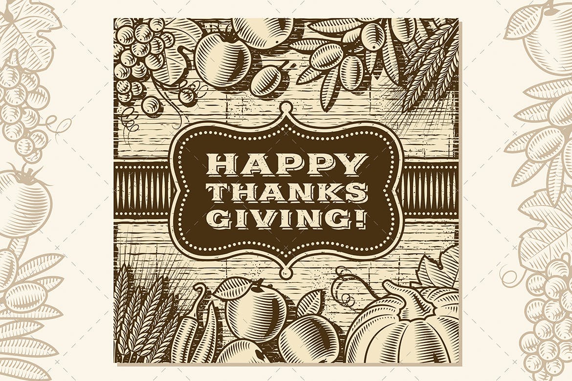 复古设计风格感恩节贺卡设计模板 Vintage Happy Thanksgiving Card Brown