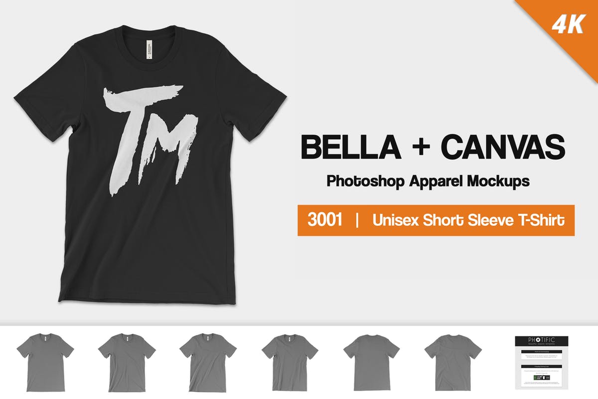 4K逼真时尚纯色T恤服装样机 Bella Canvas 3001 Mockups