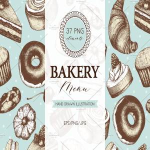 复古面包店手绘素描插画素材合集 Vintage Bakery Menu Designs & Sketch