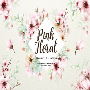粉色樱花花卉水彩手绘设计套装 Pink Floral – Sakura Watercolor Set插图1
