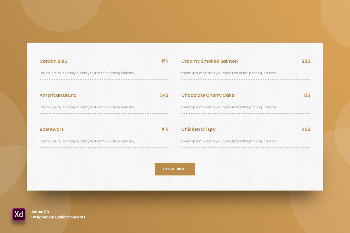 在线订餐网站价格表单UI模板 for XD Food Pricing Table – Adobe XD