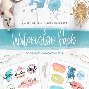 水彩设计元素&水彩风格Logo设计模板 Watercolor Pack. Textures and logos