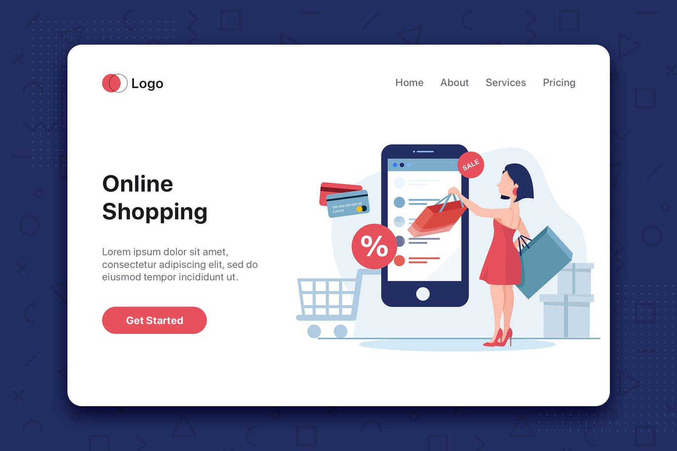 电子商务主题网站首页设计概念插画 Young woman shop online using smartphone