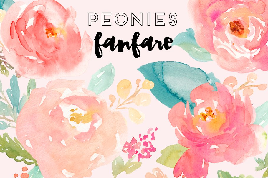 牡丹水彩剪贴画 Peonies Fanfare- Watercolor Clip Art