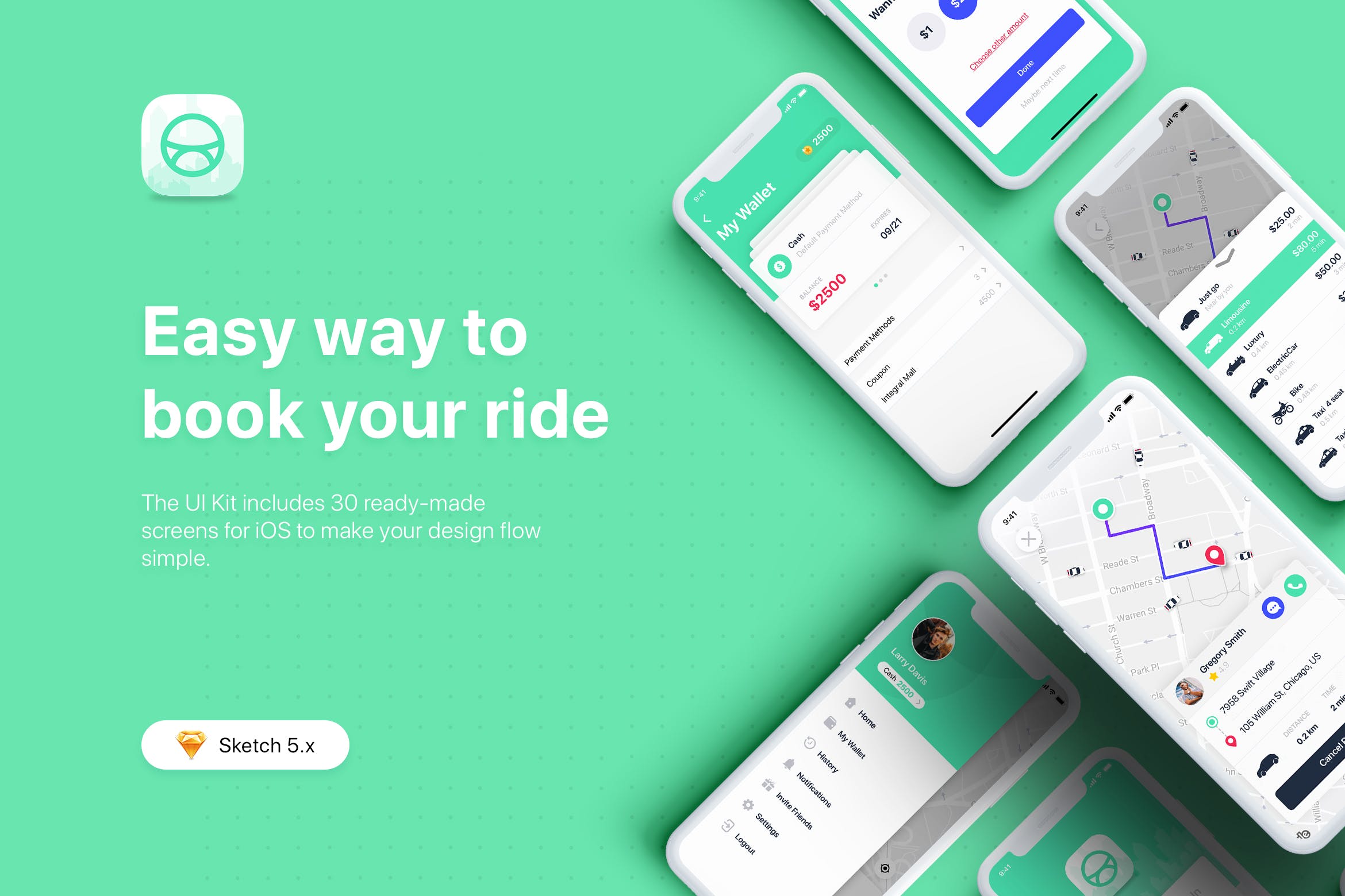类Uber&滴滴出行叫车APP应用UI设计套件SKETCH模板 ABER – Taxi Booking App UI Kit for Sketch