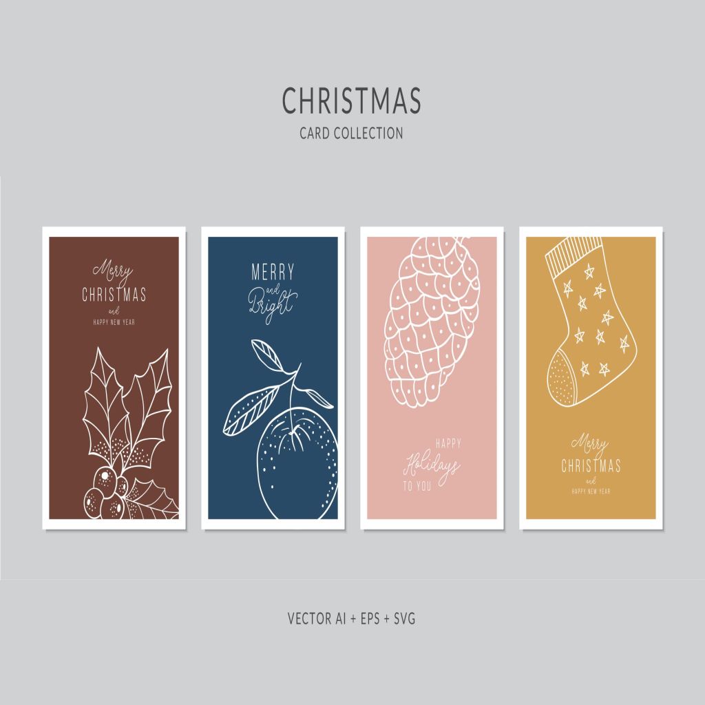 简笔画线条图案圣诞节矢量贺卡设计模板 Christmas Greeting Card Vector Set插图