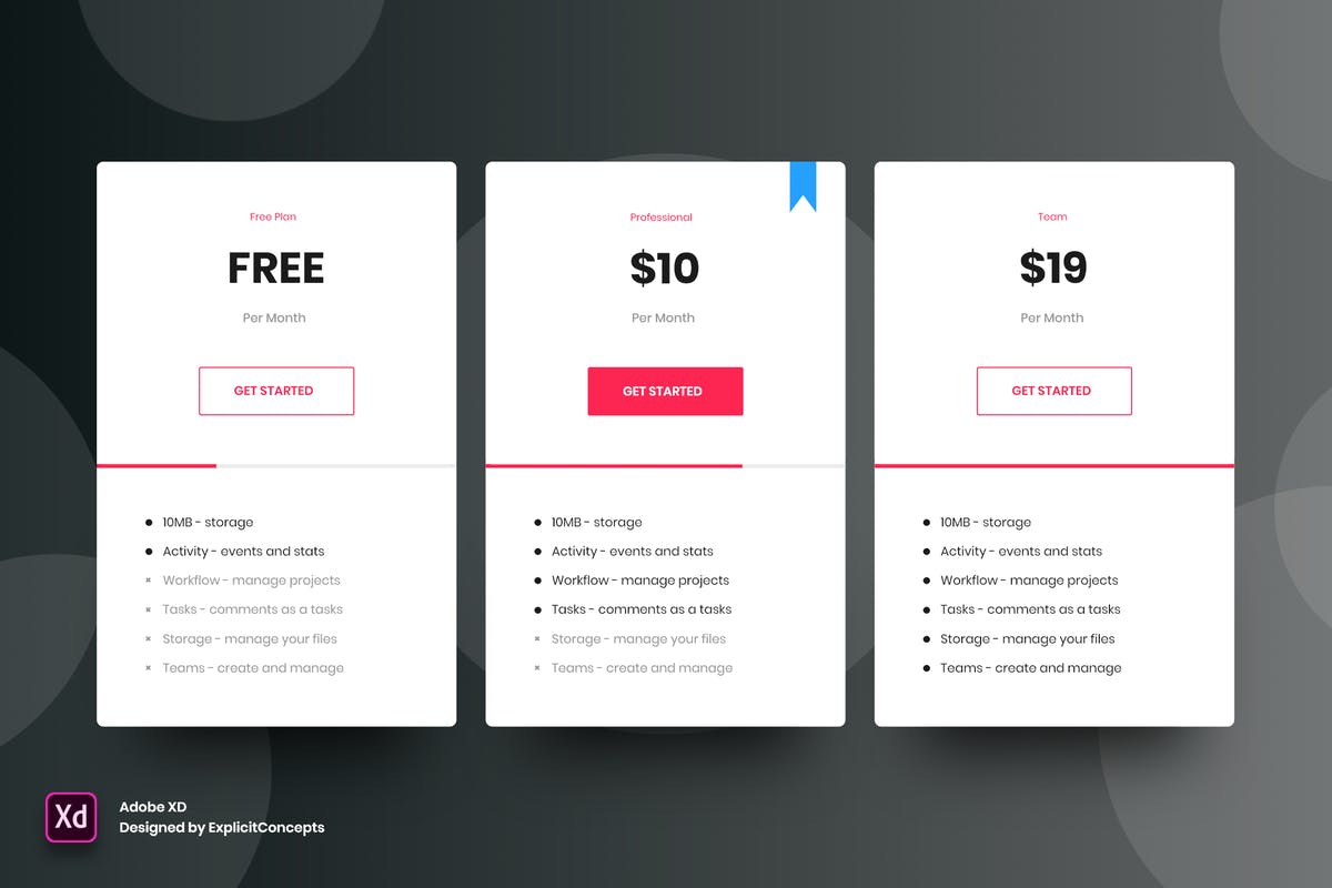 附带产品详情网站服务价格表单UI模板 for XD Pricing Table Vol 01 – Adobe XD