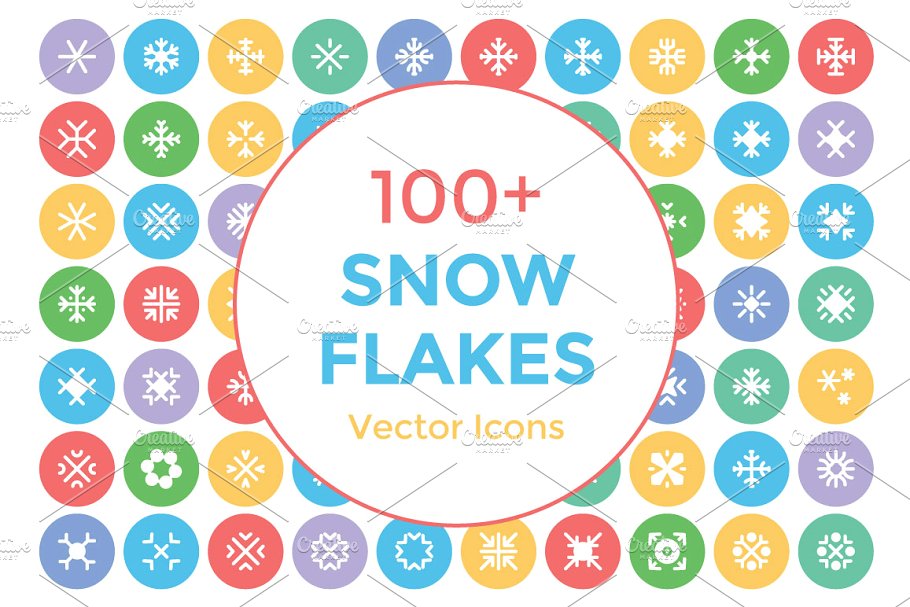 100+雪花片雪花状矢量圆型图标  100+ Snow Flakes Vector Icons