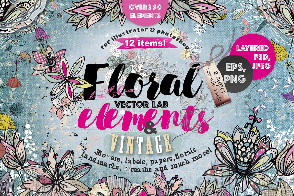 花卉&复古元素手绘插画素材 Vector lab “Floral & vintage elements” 250 PNG