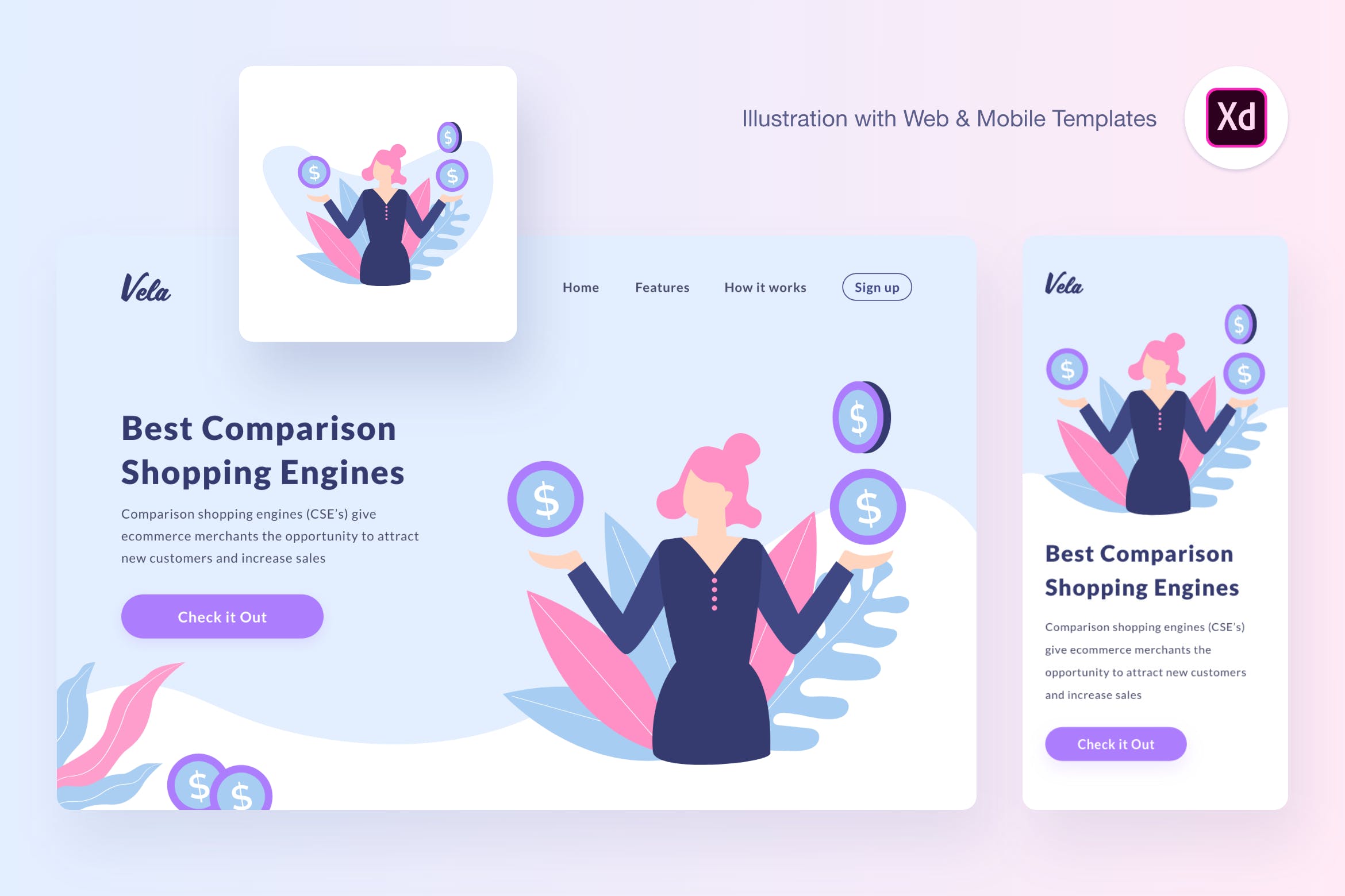 价格比较理性购物主题概念插画素材[XD&SVG] Vela comparing prices illustration (Adobe XD, SVG)