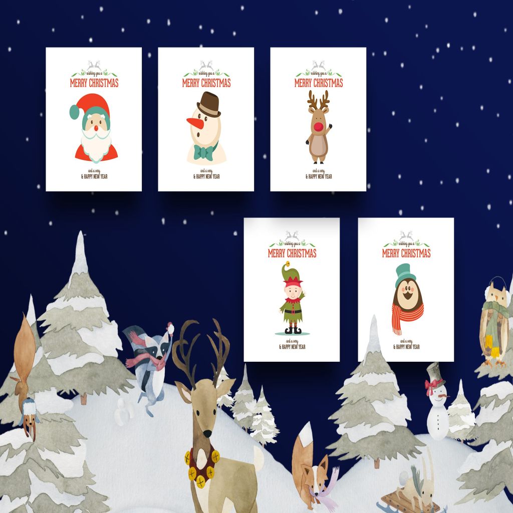 5张迷你圣诞贺卡设计模板 5 Mini Christmas Greeting Cards插图