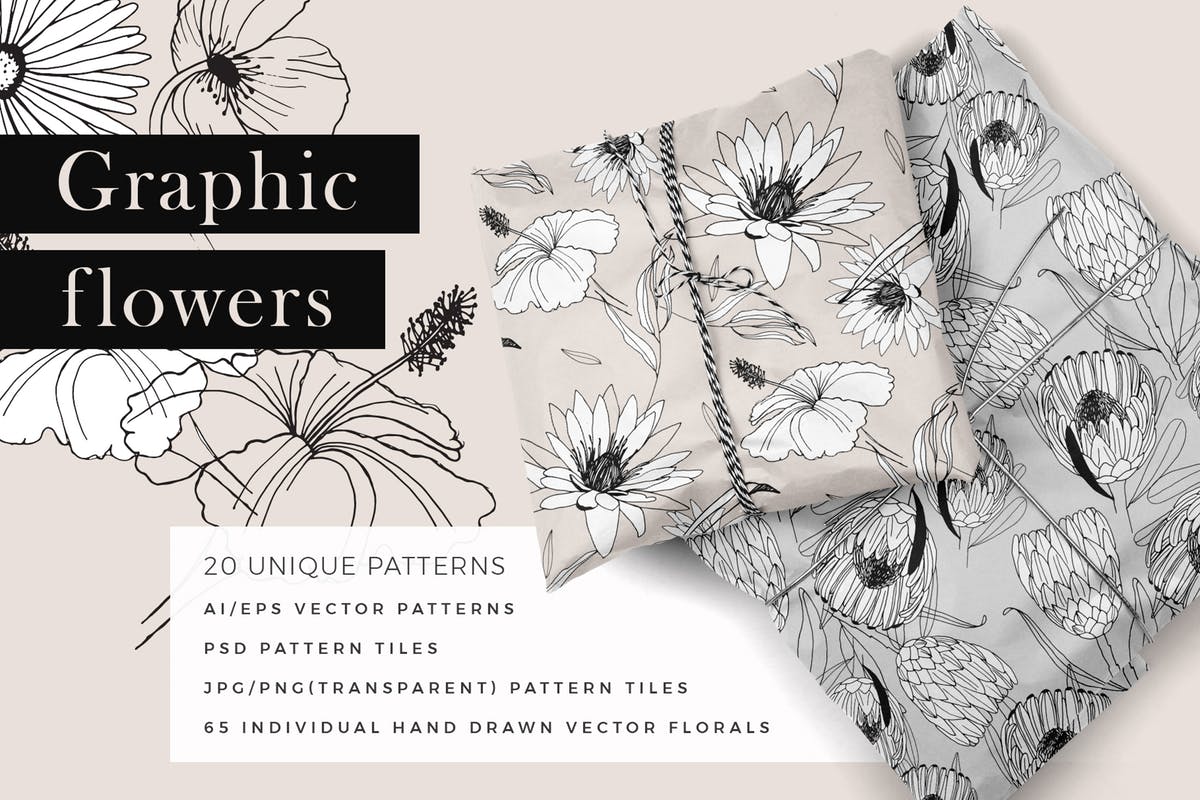 创意手绘花卉插画图案纹理素材 Graphic Flowers Patterns & Elements