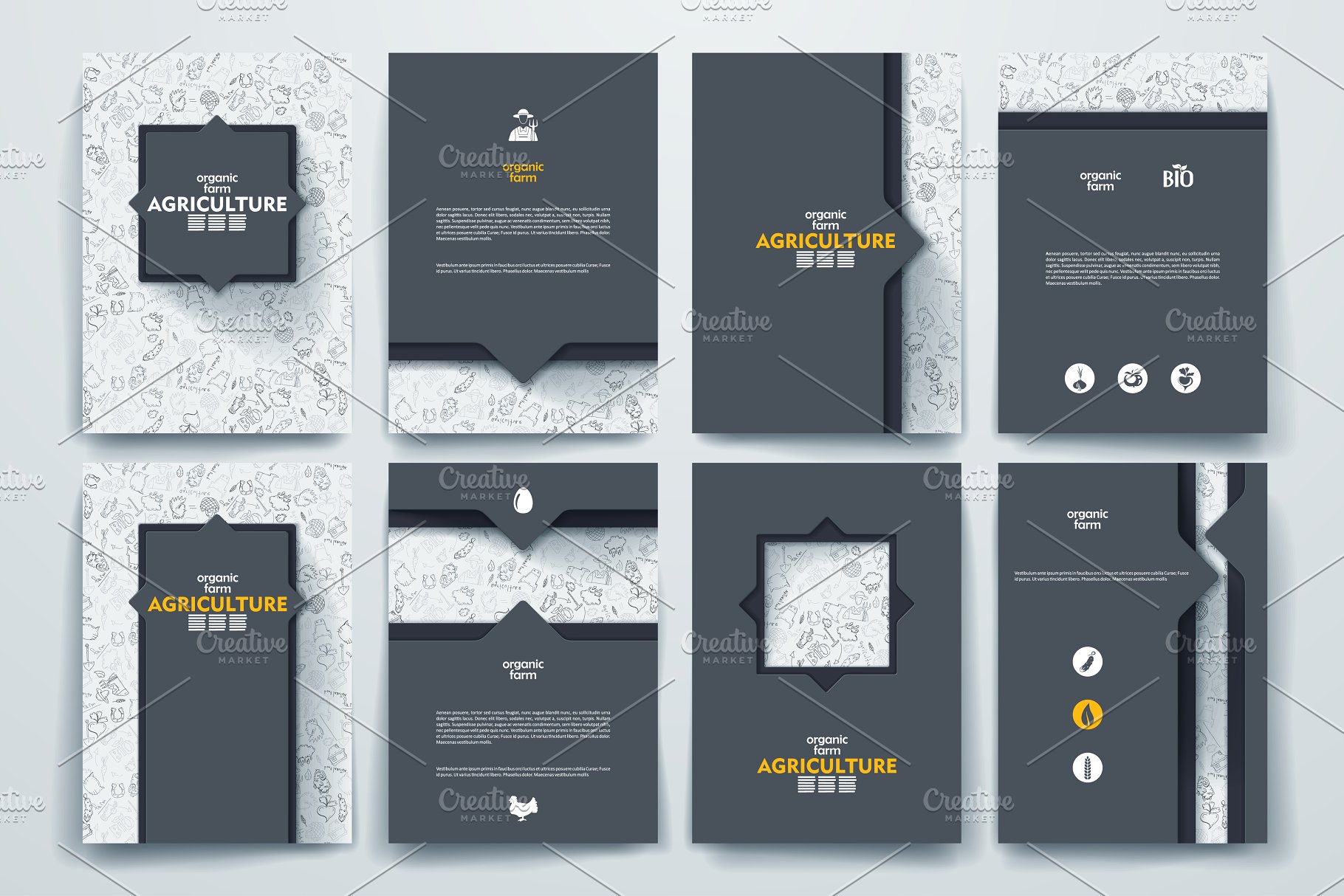 以农业为主题的涂鸦背景杂志画册模板 Set of agriculture brochures