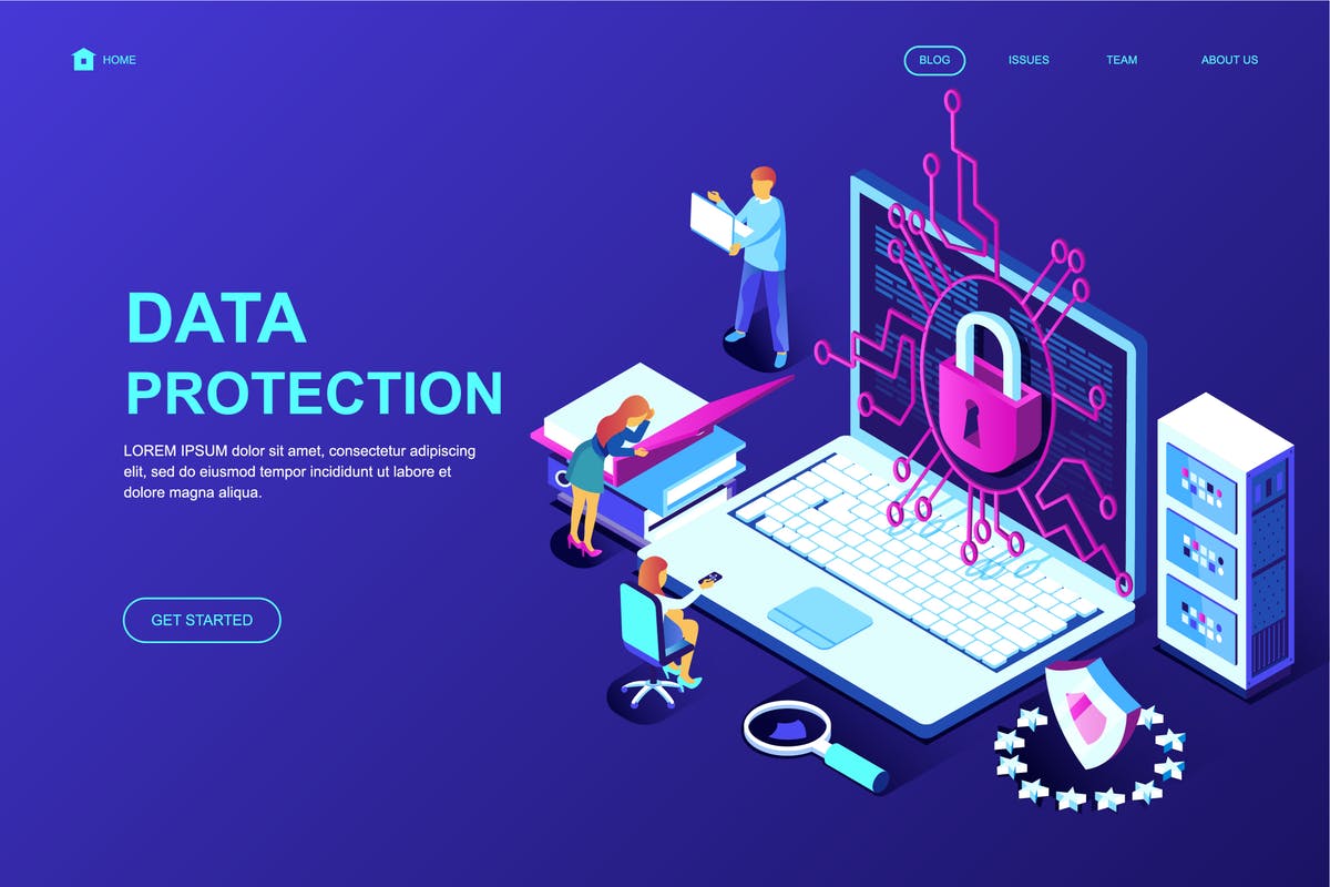 数据加密保护等距概念插画网站着陆页设计模板 Data Protection Isometric Landing Page Template