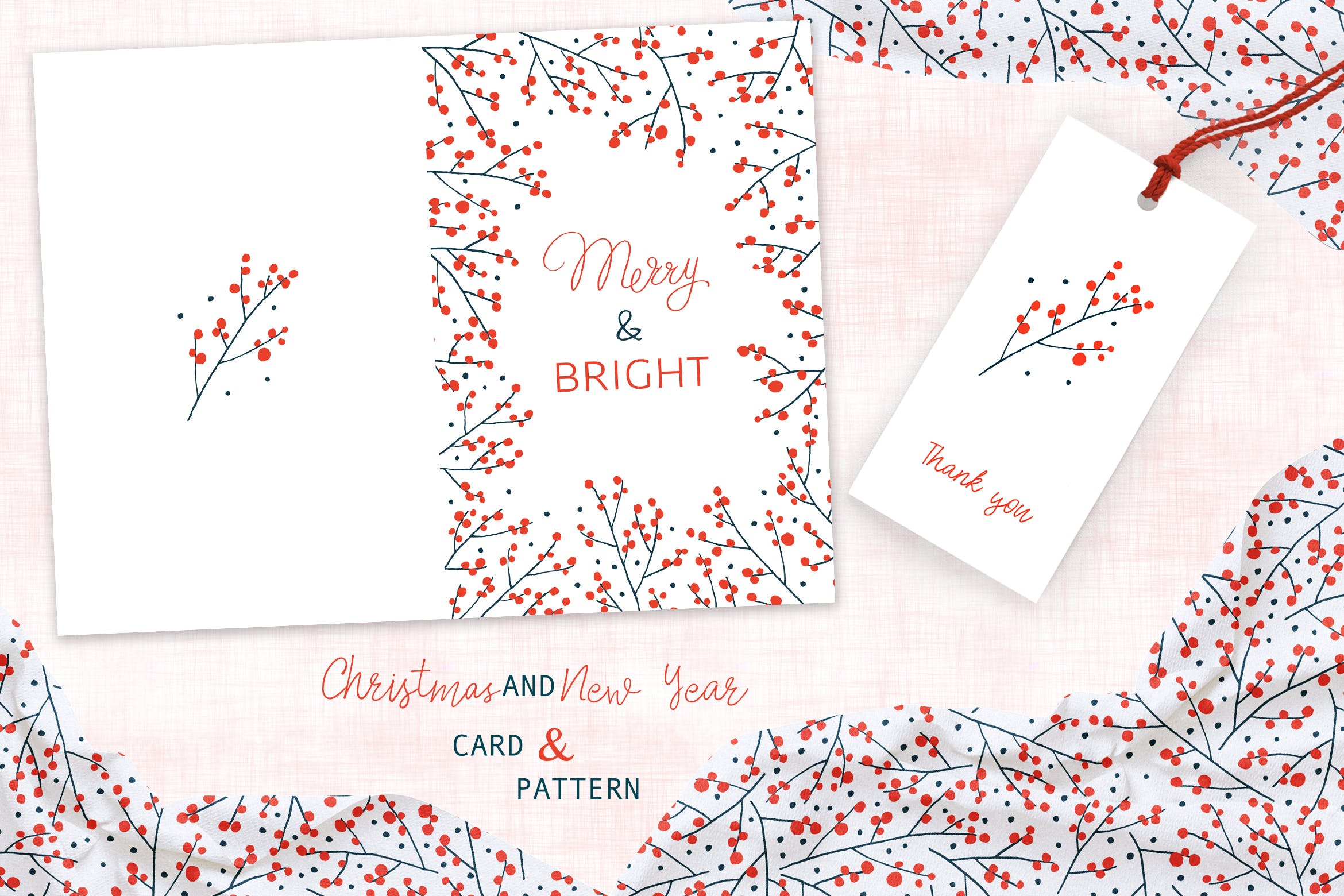 圣诞枝手绘图案背景素材/贺卡设计模板 Christmas Branches Greeting Card and Pattern