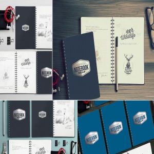 活页笔记本/日记本样机套装 4 Notebook Mockups With Movable Elements