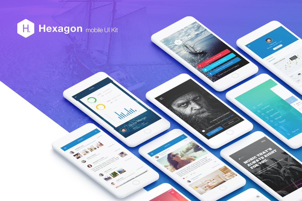 APP项目设计快速启动UI套件 Hexagon Mobile UI Kit