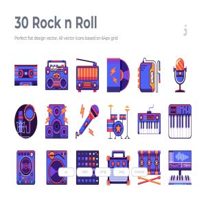 30枚摇滚音乐主题扁平化图标 30 Rock n Roll Icons – Flat