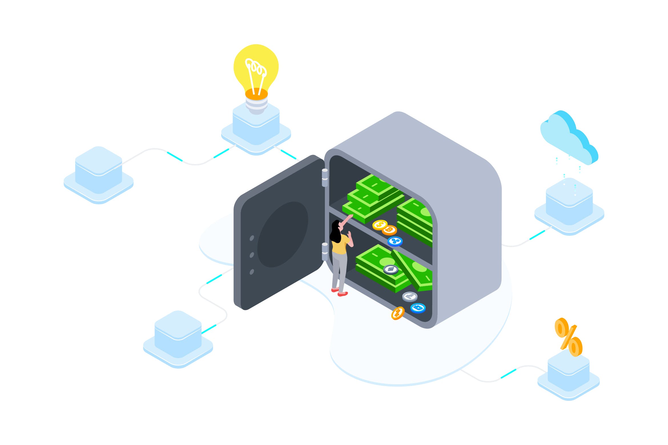 区块链金融印花存款概念插画素材v3 Saving Money on Blockchain Isometric  3 – TU