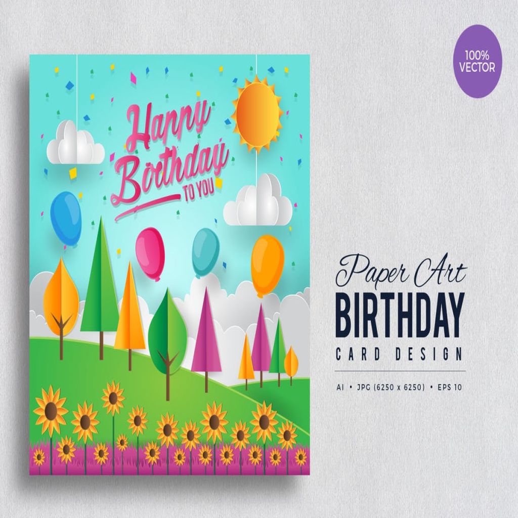 创意花园剪纸艺术生日贺卡矢量模板v4 Paper Art Happy Birthday Vector Card Vol.4插图