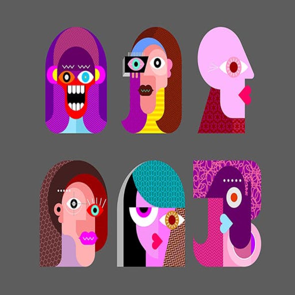 六款抽象女性人脸矢量插画素材 six faces six characters vector