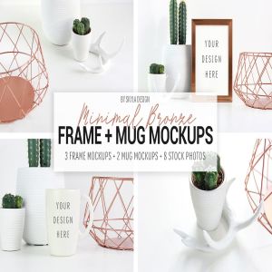 现代极简主义风格相框和马克杯样机照片模板 Picture frame and mug mockups, Minimal bronze