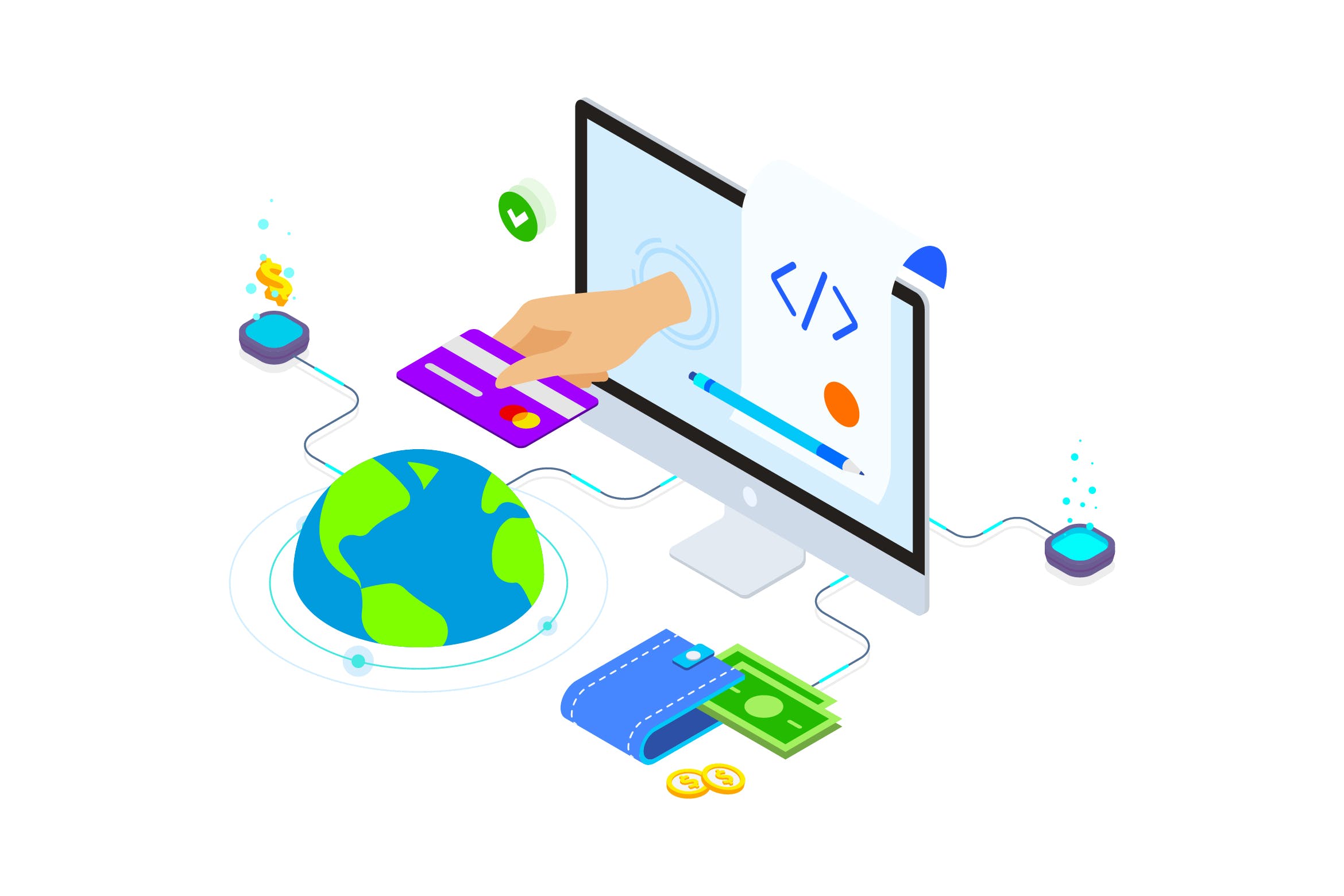 区块链技术智能合约概念插画素材v5 Smart Contract on Blockchain Isometric 5 – TU