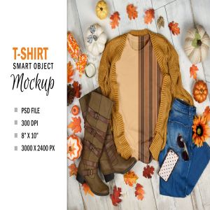 秋装T恤平铺展示效果图PSD样机模板 Fall T-Shirt Mockup Flatlay Display Photoshop PSD