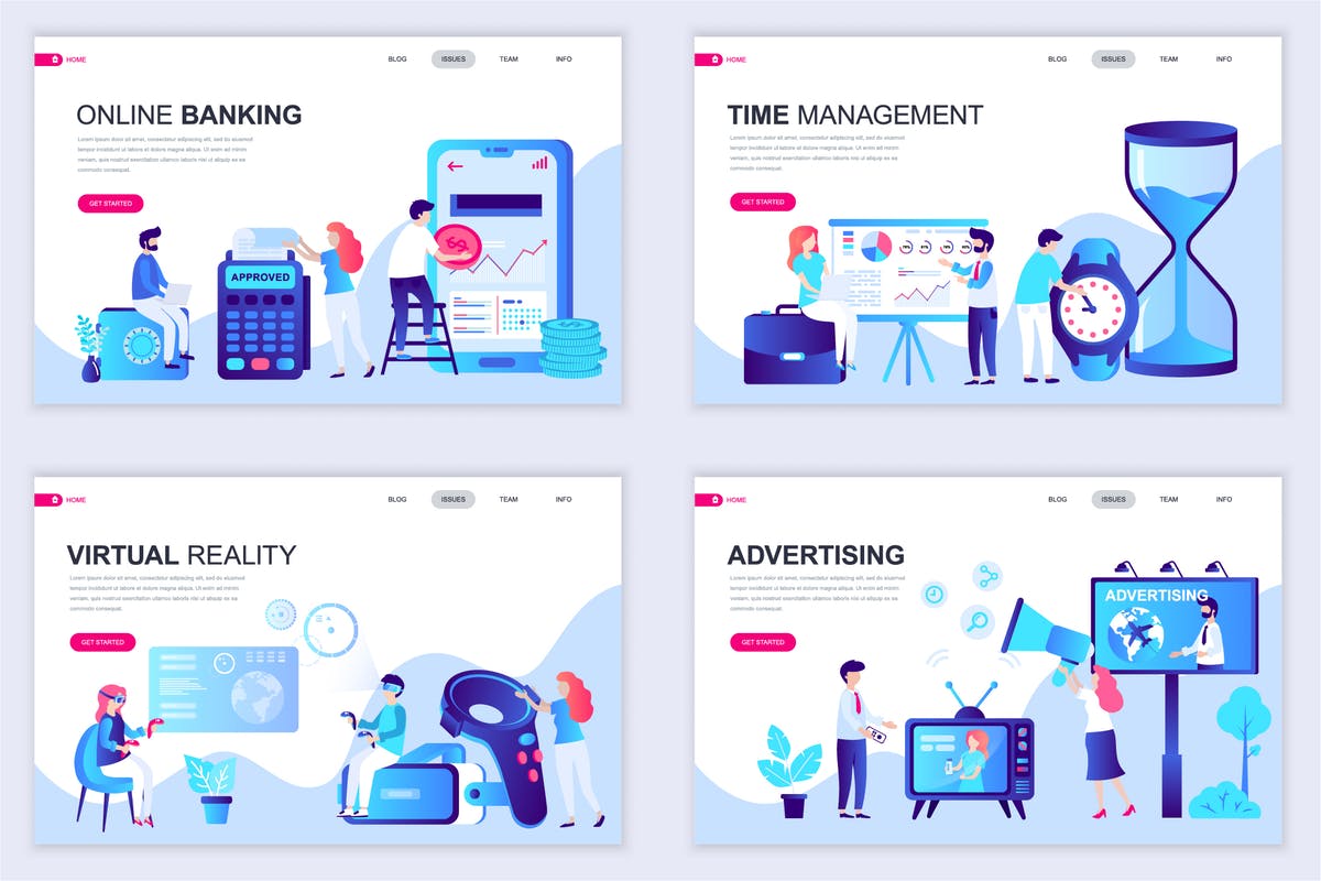 扁平设计风格场景概念插画网站着陆页设计模板v2 Set of Landing Page Templates Flat Concept