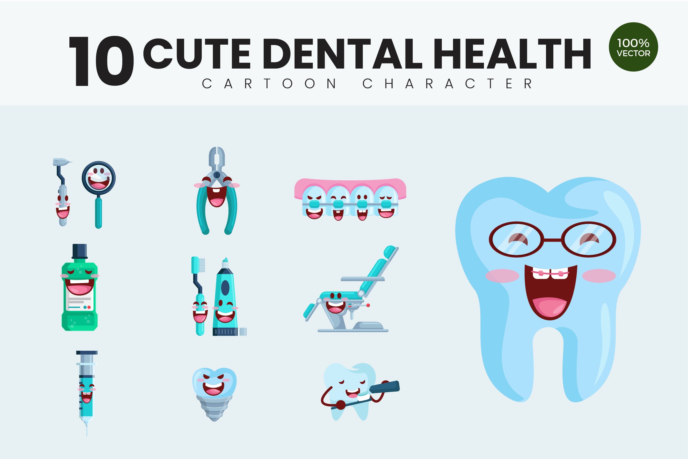 10个牙齿保健护理主题卡通形象矢量插画 10 Cute Dental Health Vector Illustration