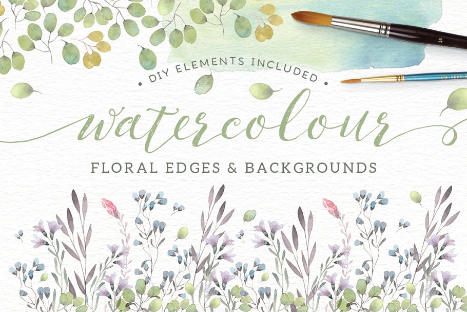 水彩花卉边界装饰插画元素 Watercolor floral borders