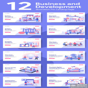 一流设计素材网下午茶：12个商业网站着陆页创意插画素材包[Ai]