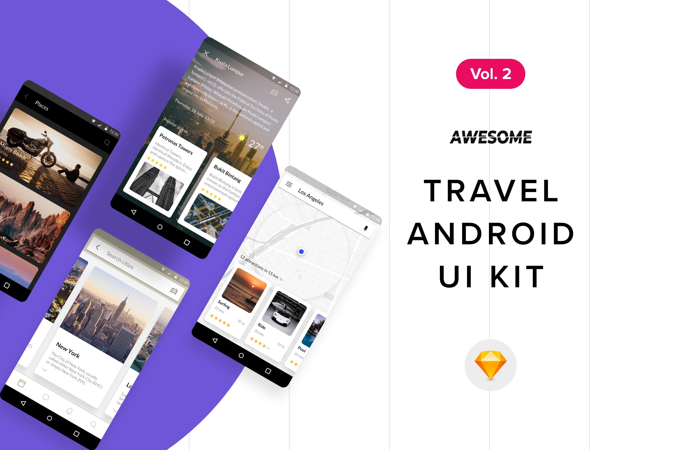 安卓平台旅游APP应用用户交互界面设计SKETCH模板v2 Android UI Kit – Travel Vol. 2 (Sketch)