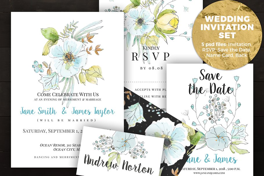 淡蓝色花卉主题婚礼请柬模板 Light Blue Wedding Invitation Set