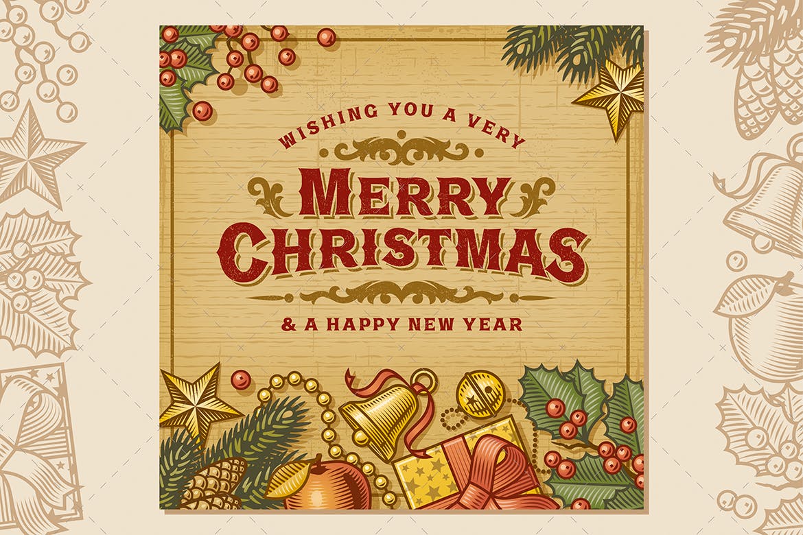 复古设计风格圣诞节主题贺卡矢量设计模板 Merry Christmas Vintage Card