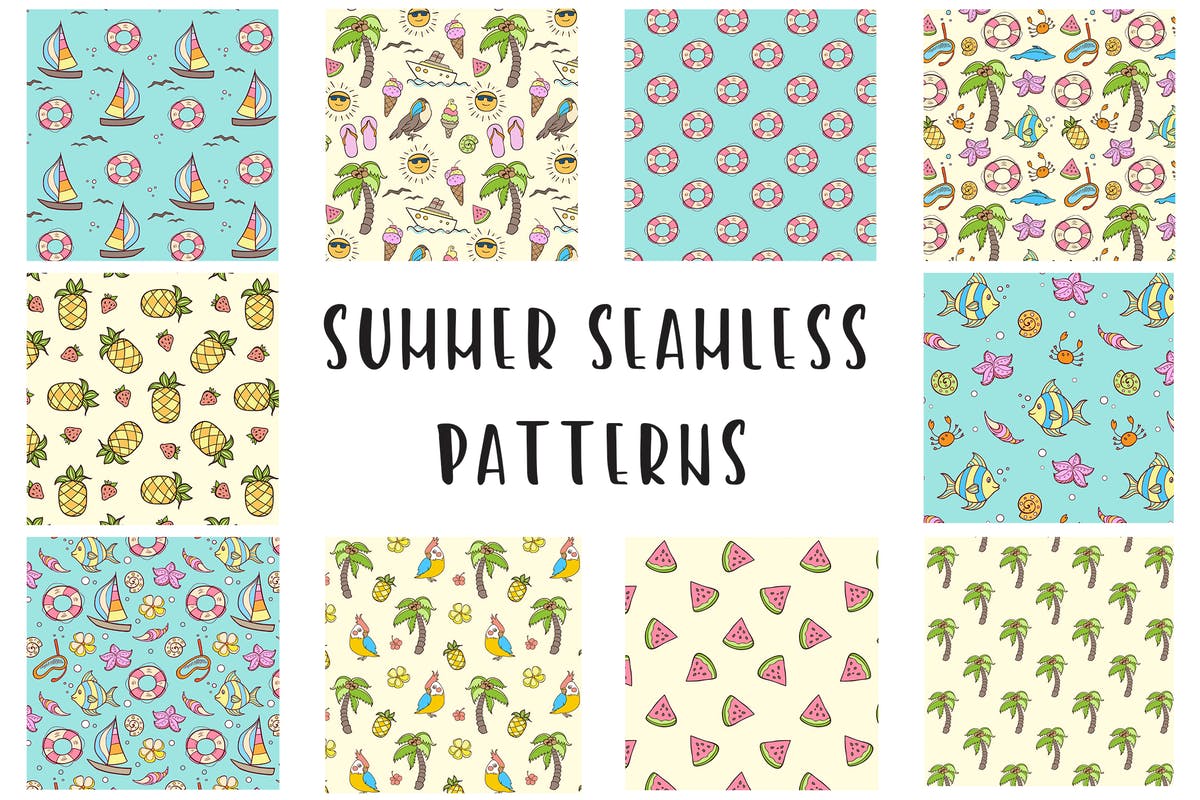 夏日主题涂鸦无缝印花图案设计素材 Doodle Summer Seamless Patterns