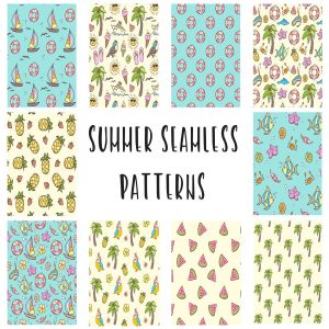 夏日主题涂鸦无缝印花图案设计素材 Doodle Summer Seamless Patterns