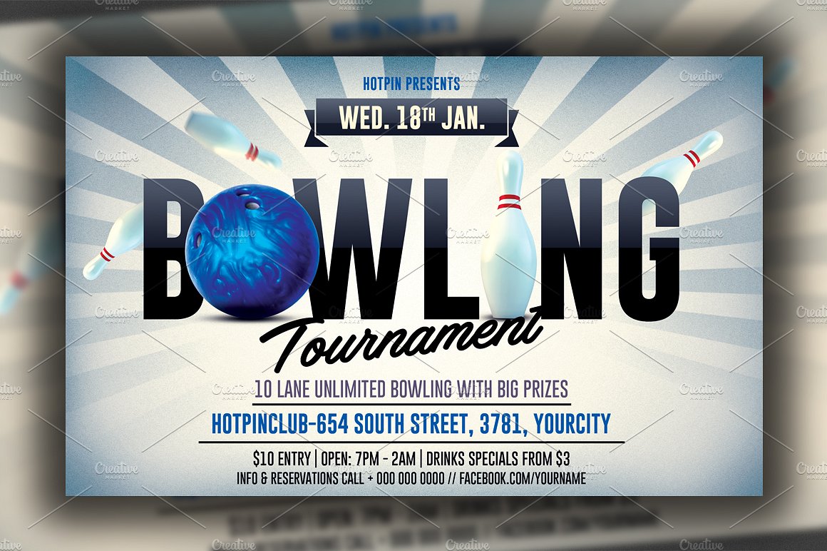 保龄球俱乐部促销活动宣传海报模板 Bowling Night Flyer Template