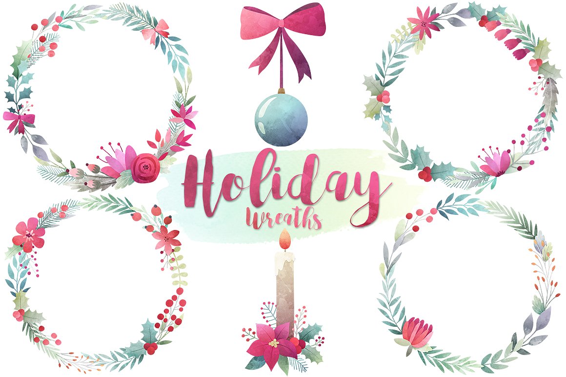 水彩画圣诞花环剪贴画素材 Watercolor Christmas Wreaths